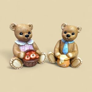 Vintage Homco 1405 Teddy Bear Figurines Pair Honey Pot & Apples Country Decor